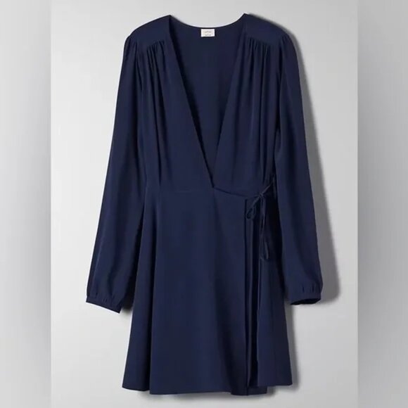Aritzia Wilfred Silk Diane Wrap Mini Dress Long Sleeve Navy Blue Size Small - Picture 2 of 9